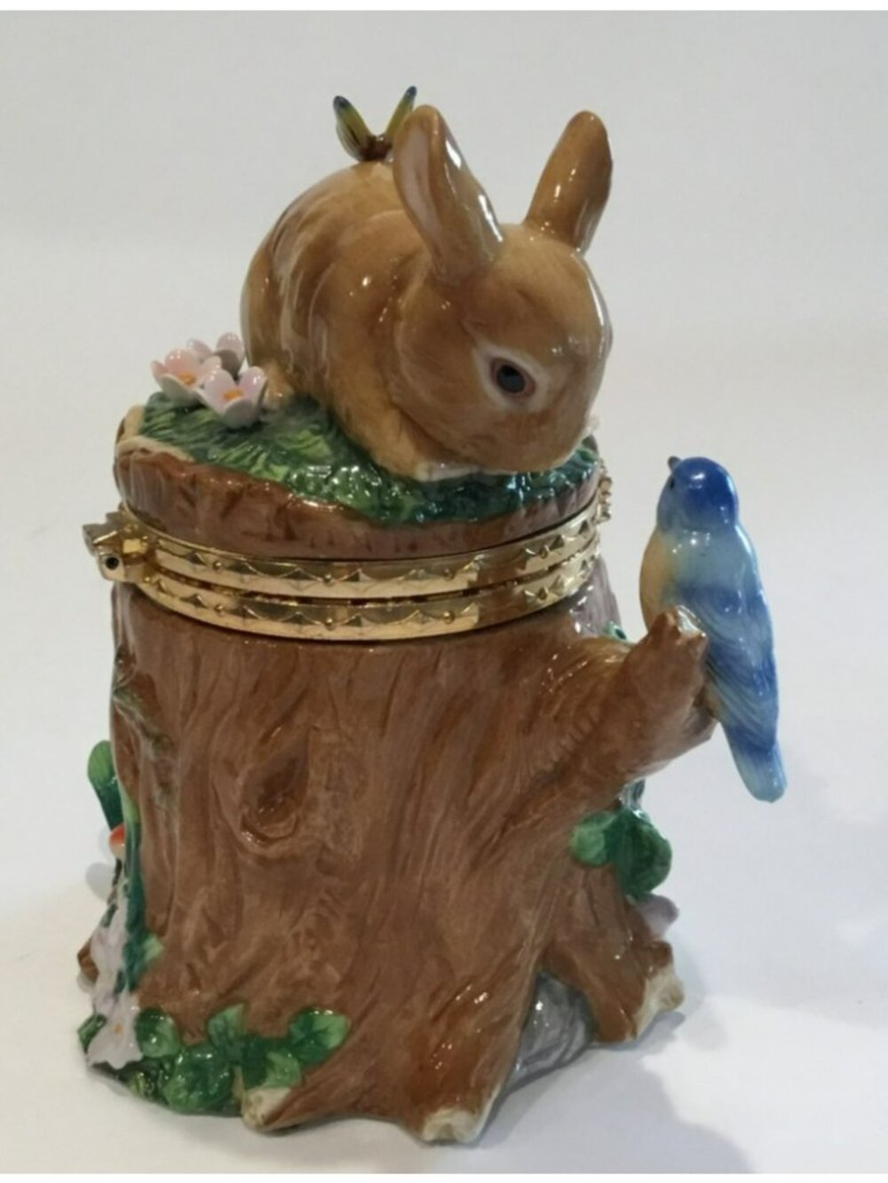 CWC 6.5" Ceramic Trinket Box Tree Stump Easter Bunny Rabbit Bird Butterfly - Picture 5 of 9